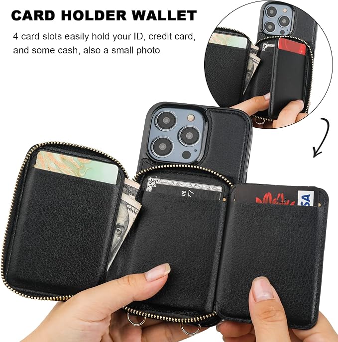 Bocasal RFID Blocking Wallet Case for iPhone 14 Pro, Adjustable Crossbody Zipper Purse Case Card Holder with Kickstand Detachable Wrist Strap, PU Leather Flip Folio Case 6.1 Inch 5G (Black)