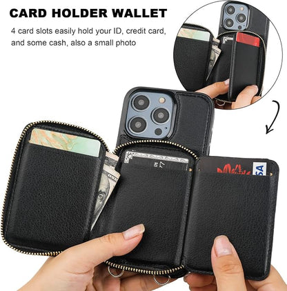 Bocasal RFID Blocking Wallet Case for iPhone 14 Pro, Adjustable Crossbody Zipper Purse Case Card Holder with Kickstand Detachable Wrist Strap, PU Leather Flip Folio Case 6.1 Inch 5G (Black)