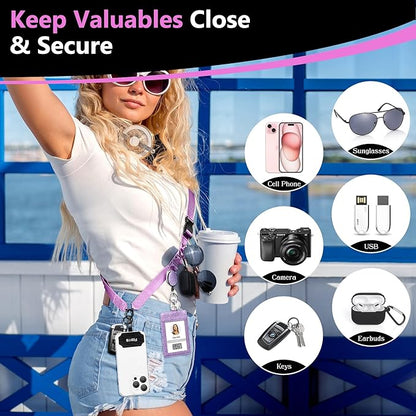 Azrra Adjustable Crossbody Cell Phone Lanyard for iPhone with Phone Tethers & Retractable ID Badge Card Holder (Purple)