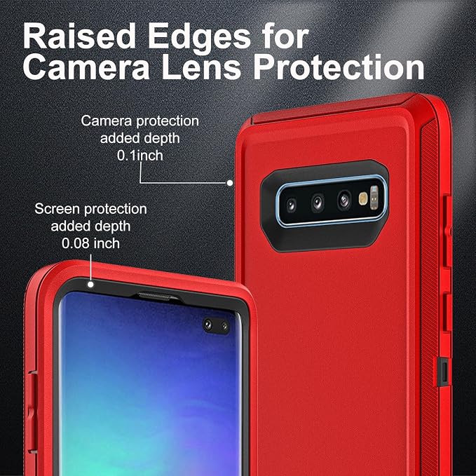 for Samsung Galaxy S10 Plus Case, with 2Pcs [Self Healing Flexible TPU Screen Protector & Camera Lens Protector] Military Grade 3 in 1 Heavy Duty Case for Galaxy S10 Plus (Red/Black)