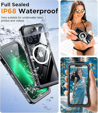 Temdan Magnetic for iPhone 13 Pro Case Waterproof,Built-in Screen Protector[IP68 Underwater][Upgrade Military Dropproof][Compatible with MagSafe] Full Body Shockproof for Phone Case 6.1'' Black