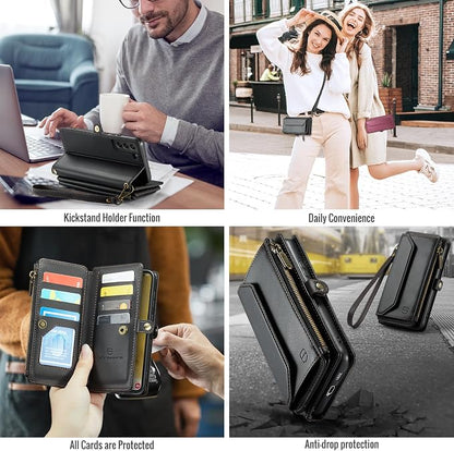Strapurs Crossbody Wallet Case Compatible with Samsung Galaxy S22 Plus RFID Blocking Card Holder Soft PU Leather Magnetic Snap Strap Zipper Pocket Phone Case Fit for Galaxy S22+/ S22 Plus - Black