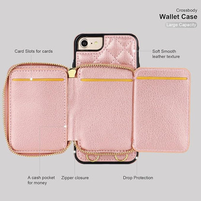 Bocasal Crossbody Wallet Case for iPhone SE 2022/SE 2020/8/7, RFID Blocking Leather Zipper Handbag Purse Flip Cover, Kickstand Folio Case with Card Slot Holder Wrist Strap Lanyard 4.7 Inch (Rose Gold)