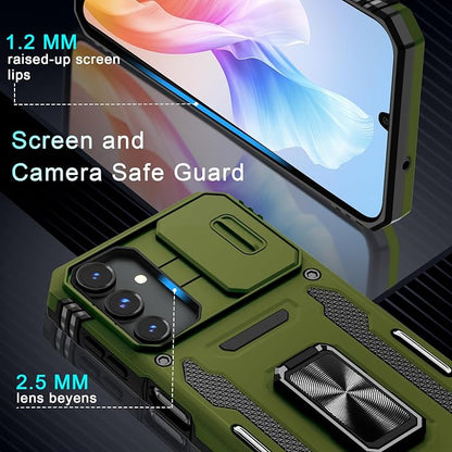 DEERLAMN Case for Samsung Galaxy A15 5G with Slide Camera Cover+Screen Protector (1 Pack), Rotated Ring Kickstand Military Grade Shockproof Protective Cover-Olive Green