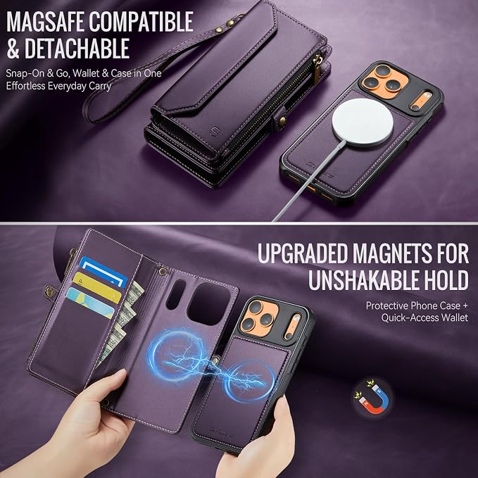 Strapurs for iPhone 17 Pro Detachable Wallet Case Compatible with Magsafe, RFID Blocking 9-Card Holder Zipper Wrist Strap Lanyard PU Leather Magnetic Phone Case for iPhone 17 Pro 6.3", Purple