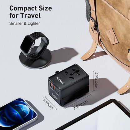 TRENFI 65W GaN Universal Travel Adapter USB C Charger | Type A Port, AC Outlet, PD3.0 QC3.0 Fast Charge, Dual Voltage Check, Laptop Phone Tablet, Cruise Hotel Carry On