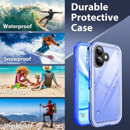 SPORTLINK for iPhone 16 Waterproof Phone Case - Built in Screen & Camera Lens Protector,6.6FT Military Dropproof/Shockproof/Dustproof/IP68 Underwater for iPhone 16 6.1 inch Blue/Frosted Clear