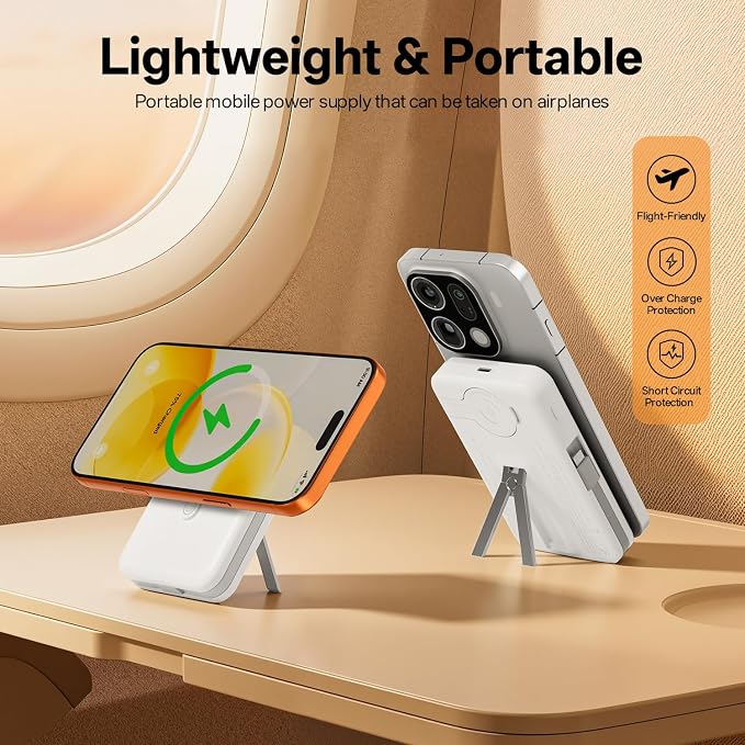 Q Magnetic Wireless Portable Charger 10,000mAh, Travel Essentials Power Bank with Built-in Cables & Foldable Stand, External Battery Pack Compatible with iPhone 17/16/15/14/13/12, Apple Watch