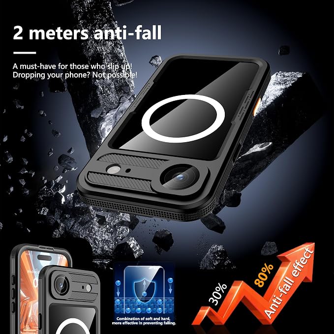 GOLDJU Magnetic for iPhone Air Case-Waterproof, Built-in Screen & Camera Protector-IP68 Underwater Full Body 16FT Military Dropproof Shockproof Case for iPhone 17 Air 6.5''- Black