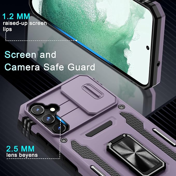 DEERLAMN Case for Samsung Galaxy S23 FE 6.4-Inch with Slide Camera Cover+Screen Protector(1 Pack),Rotated Ring Kickstand Military Grade Shockproof Protective Cover-Deep Purple