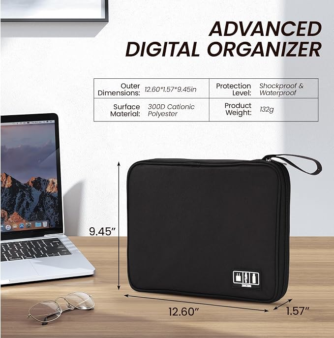 Large Slim Cable Organizer Travel Case, Single-Layer Electronic Accessories Pouch for Chargers, Cords, Power Bank, Mouse and SD Cards, 12.6 x 9.45 x 1.57 Inches