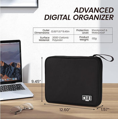 Large Slim Cable Organizer Travel Case, Single-Layer Electronic Accessories Pouch for Chargers, Cords, Power Bank, Mouse and SD Cards, 12.6 x 9.45 x 1.57 Inches