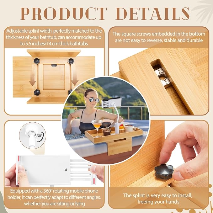 Beeveer Bamboo Adjustable Hot Tub Tray Table with Phone Holder, Adjustable Width 2'' to 7'', Nonslip Cup Shelf, Perfect Relaxing Gifts for Spa/Pool/Hot Tub for Adults
