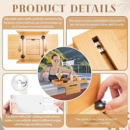 Beeveer Bamboo Adjustable Hot Tub Tray Table with Phone Holder, Adjustable Width 2'' to 7'', Nonslip Cup Shelf, Perfect Relaxing Gifts for Spa/Pool/Hot Tub for Adults