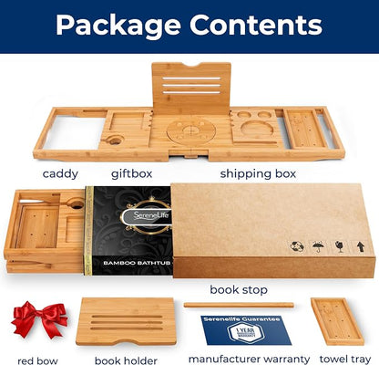 SereneLife Premium Foldable Bathtub Tray with Gift Box and Bow Set, Expandable Bath Tray, Unique House Warming Gifts, for Mom, Women, New Home, Wedding, Anniversary, Bridal Shower, Fit for All Tub