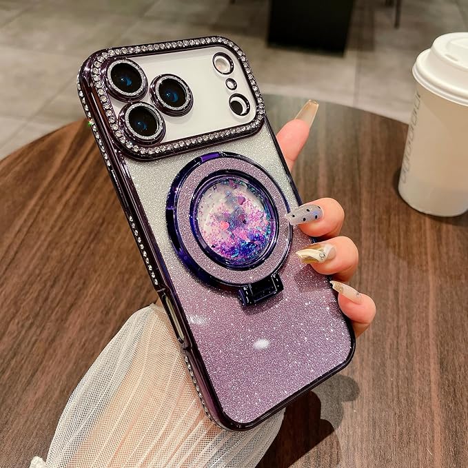 Glitter Kickstand Case for iPhone 17 Pro Max,Cute Bling Sparkly Diamond Rhinestone with Camera Lens Protector Liquid Flowing Ring Stand TPU Bumper Women Girl Case for iPhone 17 Pro Max,Purple