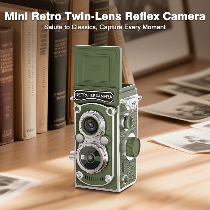 Mini Retro TLR Digital Camera, Portable 24MP 1080P FHD Vintage Point and Shoot Pocket Travel Camera with Twin Lens, Autofocus, 16X Digital Zoom, 16GB Card, for Beginners, Teens & Adults - Green