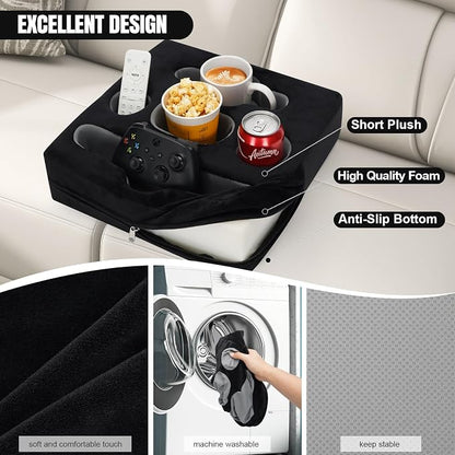 STBoo Couch Cup Holder Pillow Tray - Sofa Drink Cup Holder Cozy Buddy | Bed Caddy Organizer for Remote, Snacks Beverage, Phones, Tablet | Use it on Car, Pack, Beach, RV, Boat, Bedroom (Black)