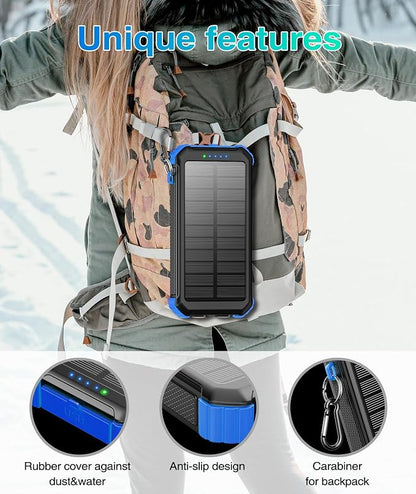 LATIMERIA 45800mAh Solar Charger Power Bank, Portable Phone Charger with 5V3.1A QC 3.0 Fast Charging, Solar Panel USB C in/Output for Cellphone, External Battery Pack with Dual Flashlights for Hiking