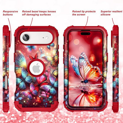 Hocase for iPhone Air Case 6.5", Heavy Duty Shockproof Protection Soft Silicone Rubber+Hard Plastic Bumpers Hybrid Protective Case for iPhone Air 2025 - Shimmering Butterflies in Red