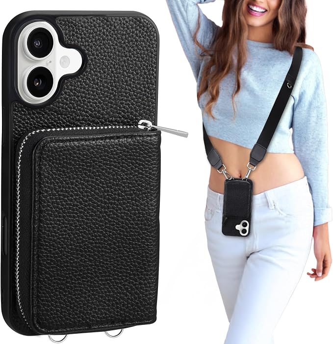 XANGNIER Wallet Case for iPhone 17 with Strap, RFID Blocking PU Leather Crossbody Phone Purse with Card Holder, Zipper Pocket, Wrist Strap & Adjustable Lanyard for Women 6.3" 5G, Black