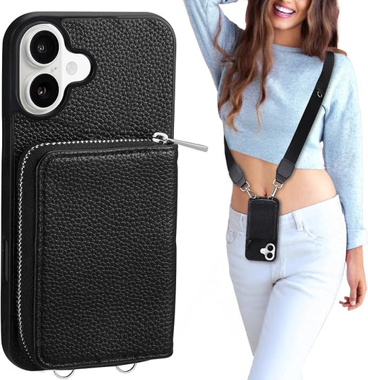 XANGNIER Wallet Case for iPhone 17 with Strap, RFID Blocking PU Leather Crossbody Phone Purse with Card Holder, Zipper Pocket, Wrist Strap & Adjustable Lanyard for Women 6.3" 5G, Black