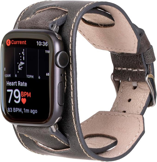 HARDISTON Cuff Watch Band Compatible with Apple 42mm for men & women, Handmade Genuine Leather, Compatible with iWatch Series 11 10 9 8 7 6 5 4 3 2 1 SE Ultra, Wrist Bracelet Band, Large/Band-Grey