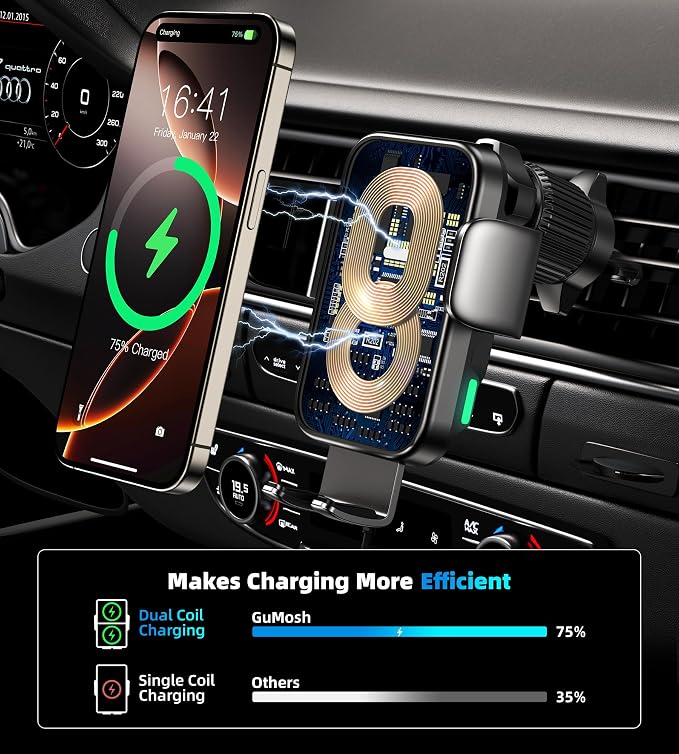 Dual Coil 15W Cup Phone Holder Mount,Wireless Car Charger Auto-Clamping Fast Charging Vent Phone Holders for Your Car for iPhone 17/17Pro/17Pro Max/16/15/14/13,Samsung Flip S25 S24 S23 S22 Ultra