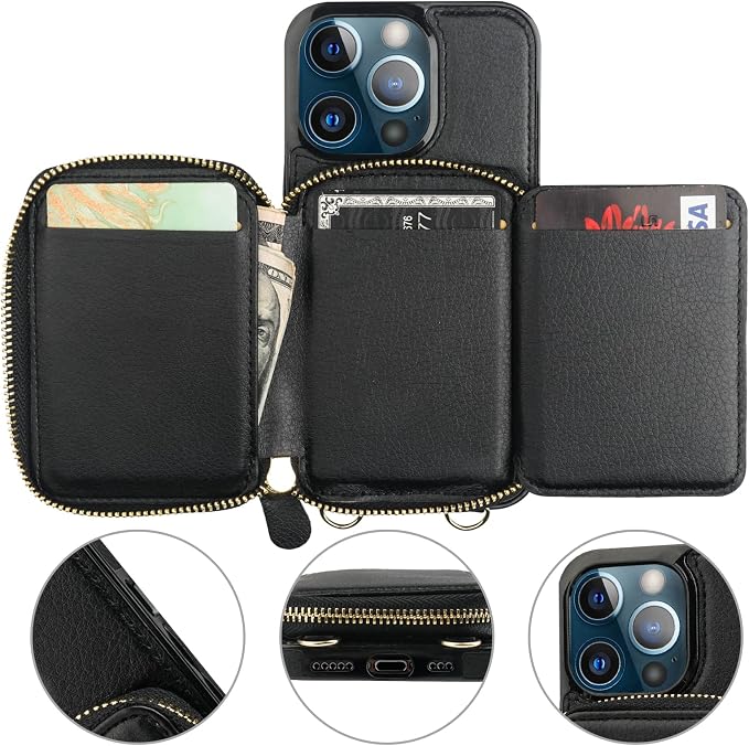 Bocasal RFID Blocking Wallet Case for iPhone 13 Pro, Adjustable Crossbody Zipper Purse Case Card Holder with Kickstand Detachable Wrist Strap, PU Leather Flip Folio Case 6.1 Inch 5G (Black)