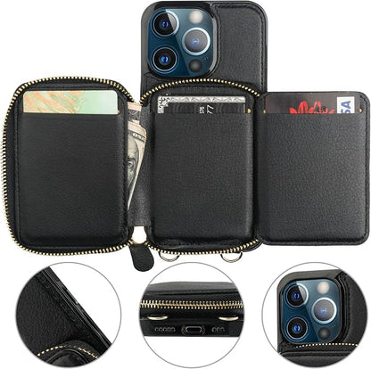 Bocasal RFID Blocking Wallet Case for iPhone 13 Pro, Adjustable Crossbody Zipper Purse Case Card Holder with Kickstand Detachable Wrist Strap, PU Leather Flip Folio Case 6.1 Inch 5G (Black)