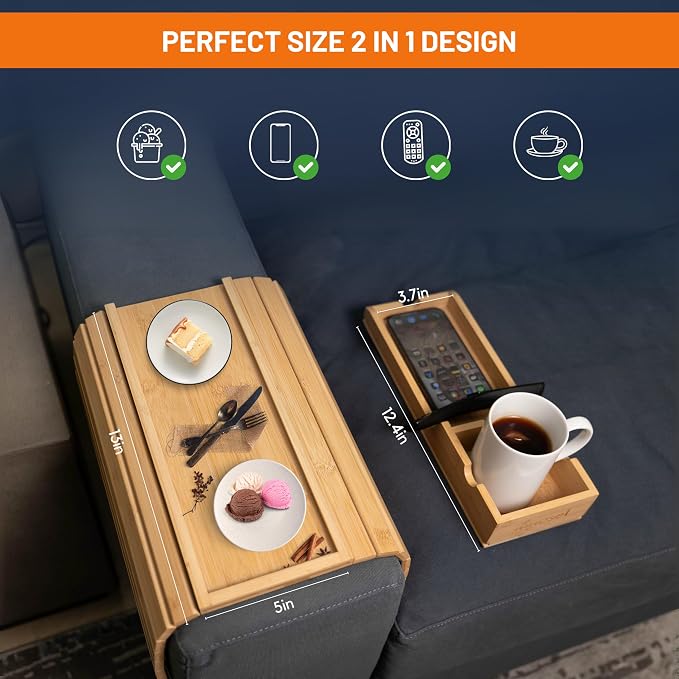 Couch Cup Holder, Bamboo Sofa Armrest Tray with Detachable Cup Holder – Foldable Anti-Slip Sofa Table Armrest Tray for Drinks, Snacks, Remotes & Phones – Universal Fit Organizer, Easy to Clean