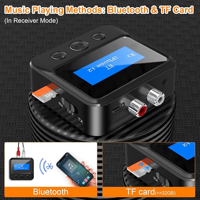 Bluetooth Transmitter Receiver for TV, Audio Adapter for Home Stereo with RCA 3.5mm AUX & Display, Bluetooth Transmitter for Headphones/Speakers/Airplane/Home Theater/PC/Car, TF Card Output