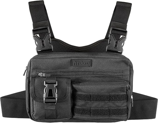 Fitdom Tactical Inspired Lightweight Running Chest Pack For Men With Built-In Phone Holder. A Sports Utility Rig Vest Made For Workouts And Outdoor