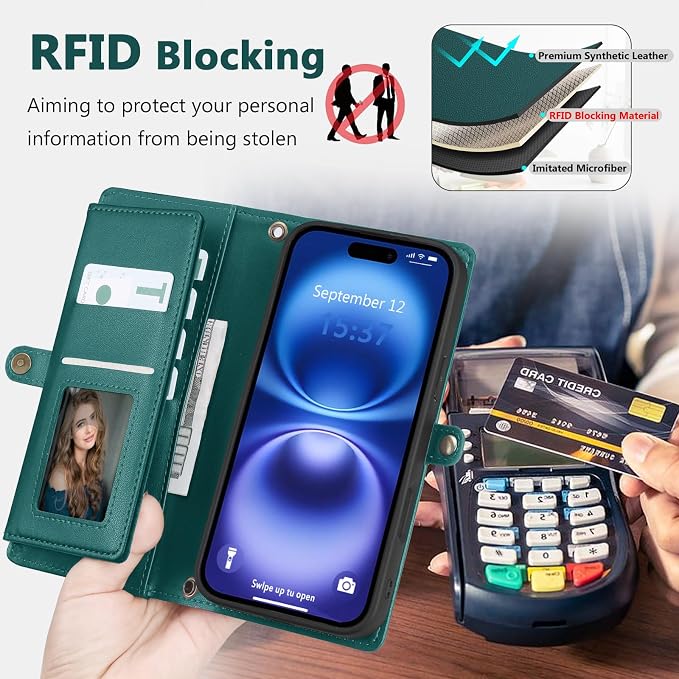 Wallet Case for iPhone 16 with Card Holder/Crossbody Wallet/Strap| RFID Blocking | Magnetic | Kickstand | Detachable | PU Leather Phone Case for iPhone 16,6.1 in,Green