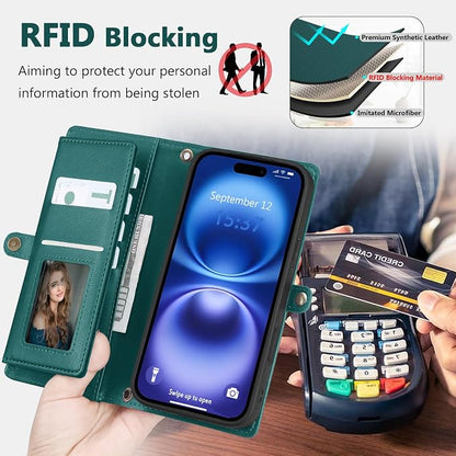 Wallet Case for iPhone 16 with Card Holder/Crossbody Wallet/Strap| RFID Blocking | Magnetic | Kickstand | Detachable | PU Leather Phone Case for iPhone 16,6.1 in,Green