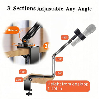 Low Profile Mic Boom Arm Stand 360° Rotatable Adjustable Compact and Foldable Table Microphone Arm Holds 2.5kg with 3/8" to 5/8" Screw Adapter for Game Streaming Podcast Broadcast (C Clamp Mount)