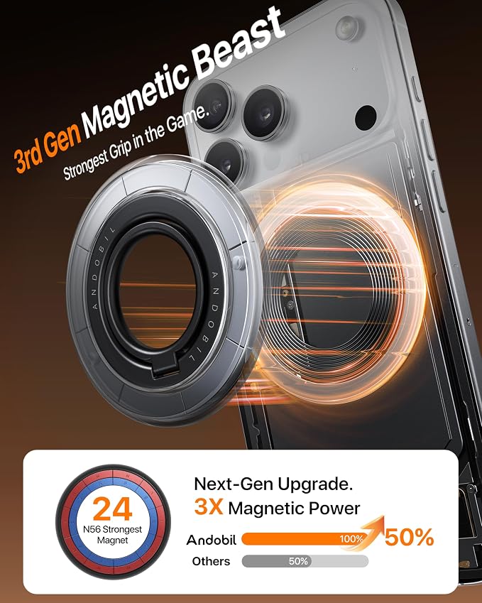 andobil [2026 3rd Gen] Magnetic Phone Grip for MagSafe [Sability Max] Stronger Two-Sided Magnet Cell Phone Ring Holder Compatible with MagSafe Accessories, iPhone 17 Pro Max Air 16 15 14 13 12, Black