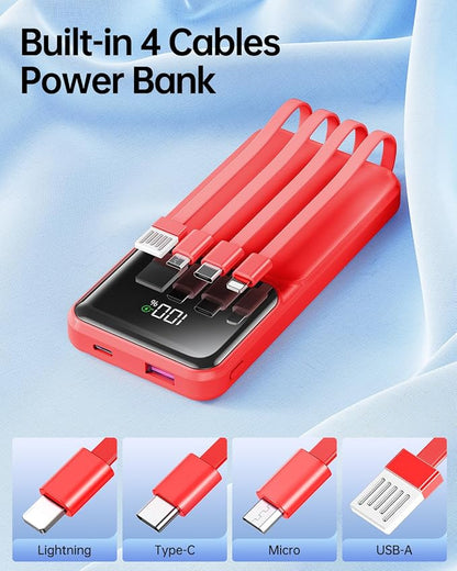 RONEGN Portable Charger with Built in Cable -20000mAh Fast Charging Power Bank USB C Slim 22.5W LED Display Battery Pack 5 Outputs & 3 Inputs for Travel Essentials iPhone Samsung Phones Red