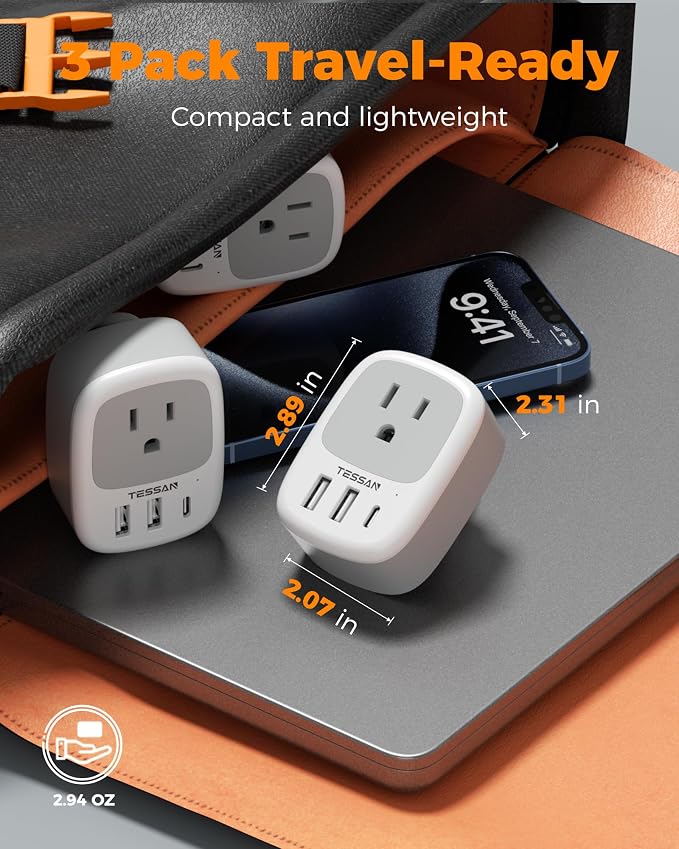 TESSAN US to India Plug Adapter, Type D Travel Adapter, 3 Pack