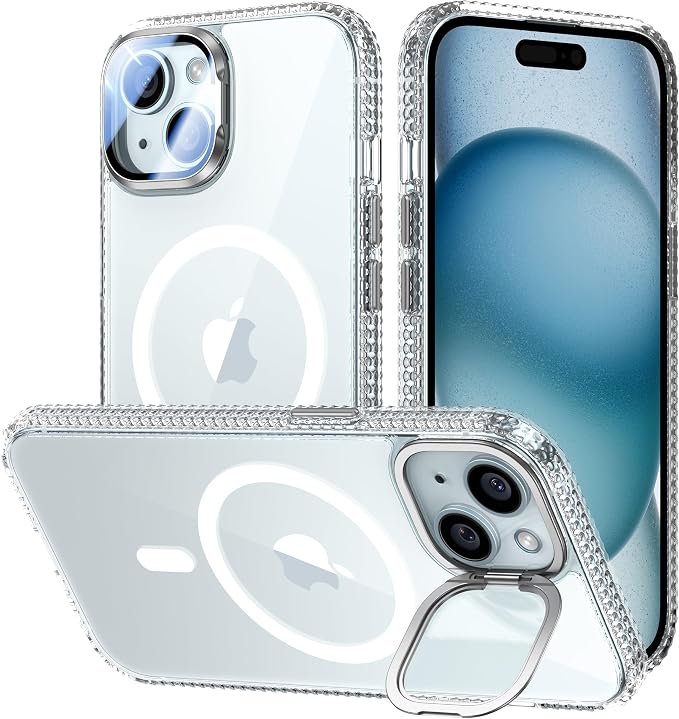 [Upgraded] for iPhone 15 Case with Camera Cover Stand [Fit for MagSafe][9H Camera Lens Protector] Mil-Grade Protection Transparent Magnetic iPhone 15 Phone Case, Clear
