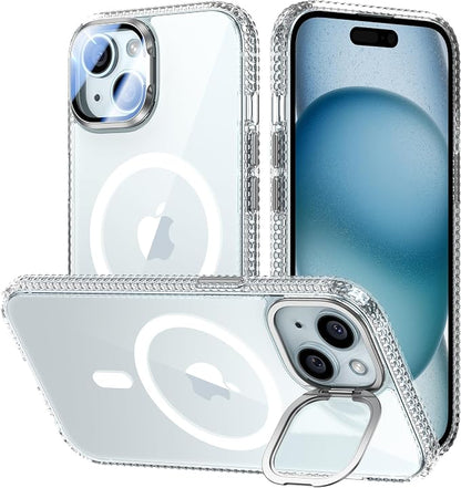 [Upgraded] for iPhone 15 Case with Camera Cover Stand [Fit for MagSafe][9H Camera Lens Protector] Mil-Grade Protection Transparent Magnetic iPhone 15 Phone Case, Clear