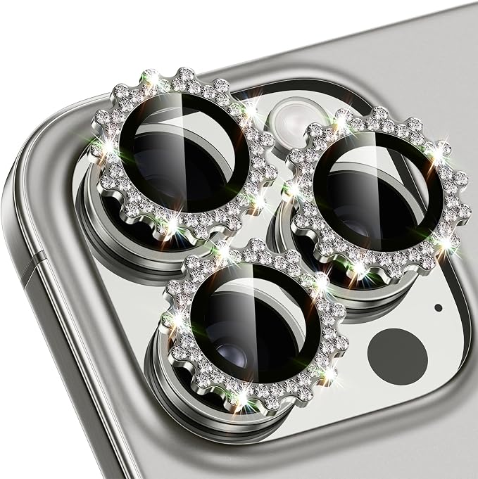 Xfilm for iPhone 16 Pro/16 Pro Max Camera Lens Protector Bling Individual Gear Design Diamond Ring 9H Hardness Scratchproof Protector, Stylish Phone Accessories, Case Friendly (Gray)