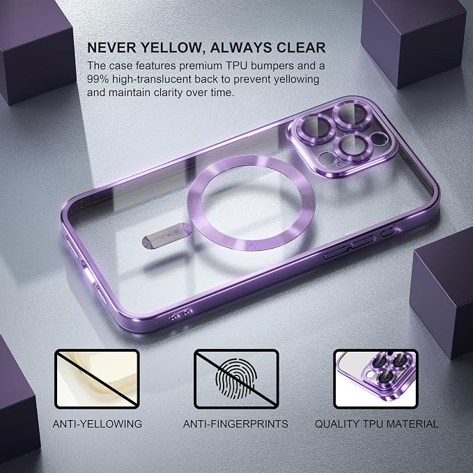 Misea Magnetic for iPhone 15 Pro Max Case with MagSafe [Never Yellowing] [Military Grade Drop Protection] Full Camera Lens Protector Plating Soft Clear Phone Case for Women Girls, Purple