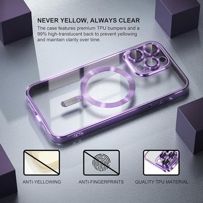 Misea Magnetic for iPhone 15 Pro Max Case with MagSafe [Never Yellowing] [Military Grade Drop Protection] Full Camera Lens Protector Plating Soft Clear Phone Case for Women Girls, Purple