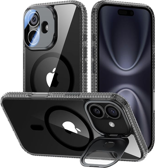 [Upgraded] for iPhone 16 Case with Camera Cover Stand [Fit for MagSafe][9H Camera Lens Protector] Mil-Grade Protection Transparent Magnetic iPhone 16 Phone Case, Clear Black