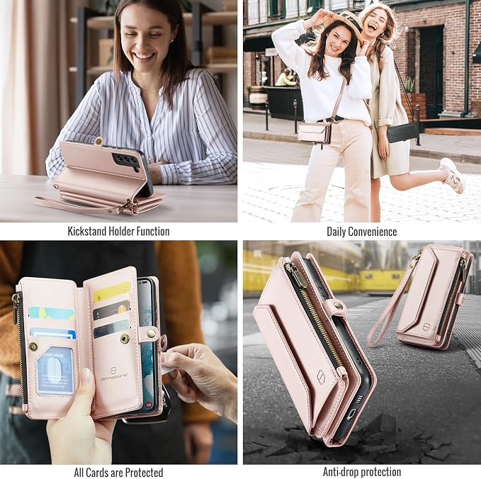 Strapurs Crossbody Wallet Case Compatible with Samsung Galaxy S22 5G RFID Blocking Card Holder Soft PU Leather Magnetic Snap Shoulder Strap Zipper Pocket Phone Case Fit for Galaxy S22 6.1" - Rose Gold
