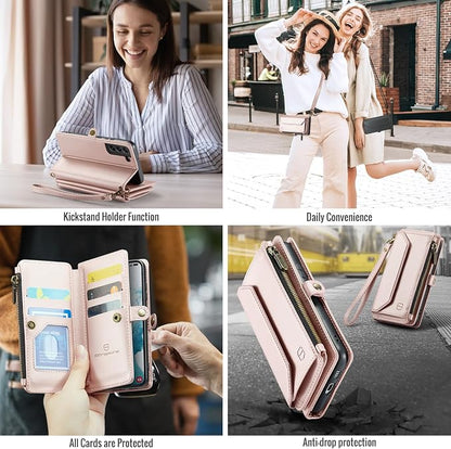 Strapurs Crossbody Wallet Case Compatible with Samsung Galaxy S22 5G RFID Blocking Card Holder Soft PU Leather Magnetic Snap Shoulder Strap Zipper Pocket Phone Case Fit for Galaxy S22 6.1" - Rose Gold