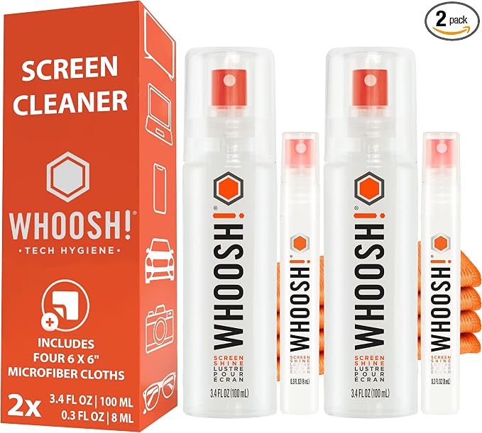 WHOOSH! Laptop Screen Cleaner Spray and Wipe [Set of 2] - 3.4 + 0.3 fl oz + 2 Microfiber Cloths - Duo with Large & Travel Size Bottles for Eyeglass Cleaner & Car Screen Cleaner- iPhone Cleaning Kit