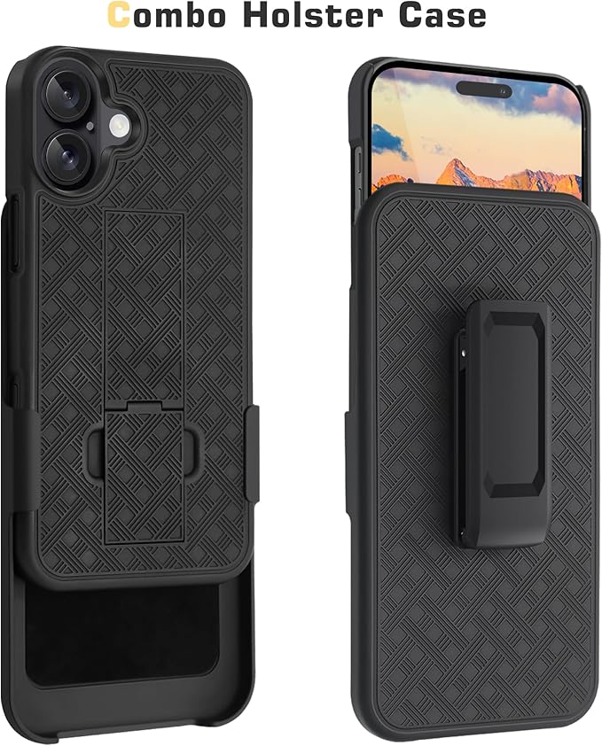 Fingic for iPhone 16 Case,iPhone 16 Belt Clip Holster Case Slim Combo Shell with Kickstand Swivel Holster Rugged Shockproof Antiscratch Full Body Protective for iPhone 16,6.1“,2024,Black
