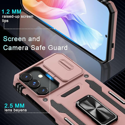 DEERLAMN Case for Samsung Galaxy S25 6.2-Inch with Slide Camera Cover+Screen Protector (1 Pack), Rotated Ring Kickstand Military Grade Shockproof Protective Cover-Rose Gold